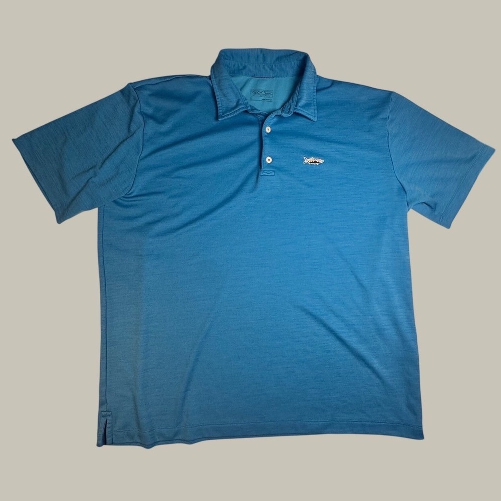 Patagonia Mens Fitz Roy Trout Stretch Polo Shirt Blue Heather Large Short Sleeve